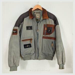 Bugle Boy Bomber Flight Jacket M Green Leather Patches Vintage 80S Patches Coat